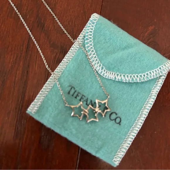 Auth Tiffany & Co. 925 Sterling Silver Triple Open Star Pendant Necklace 16" - Picture 2 of 11